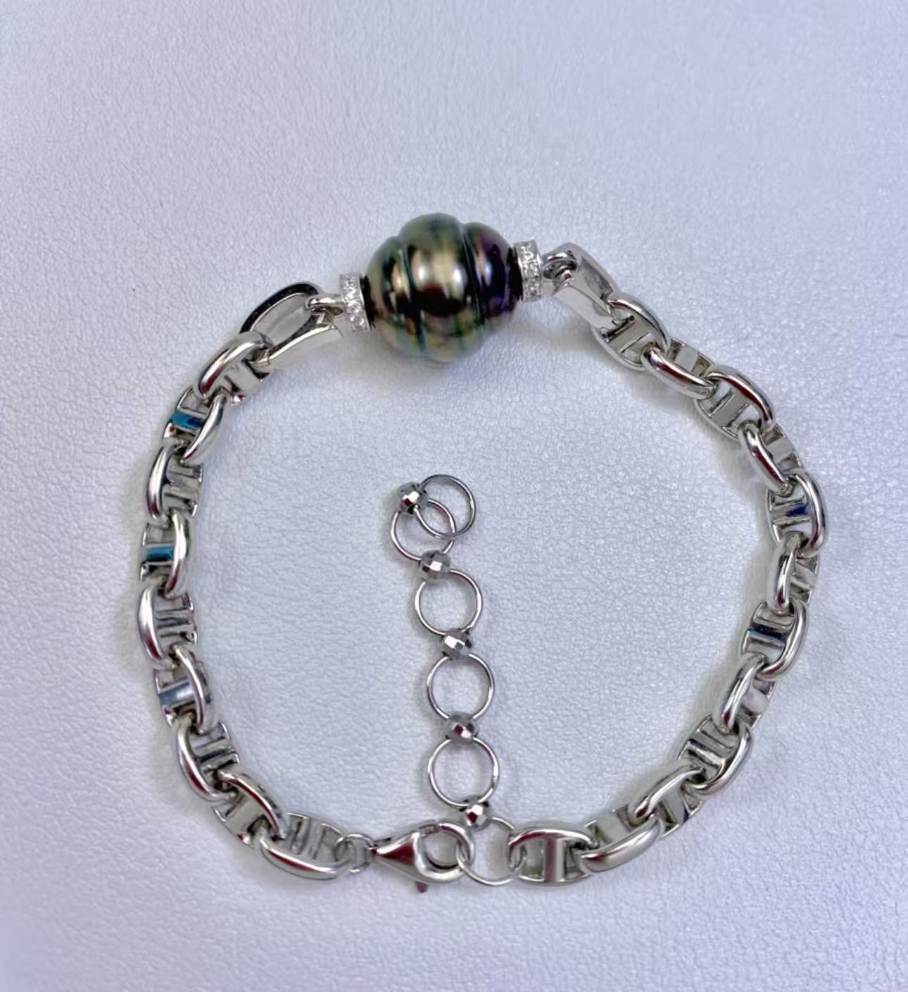 Pure natural sea pearl Tahitian black pearl 11-12mm threaded pig-nose bracelet