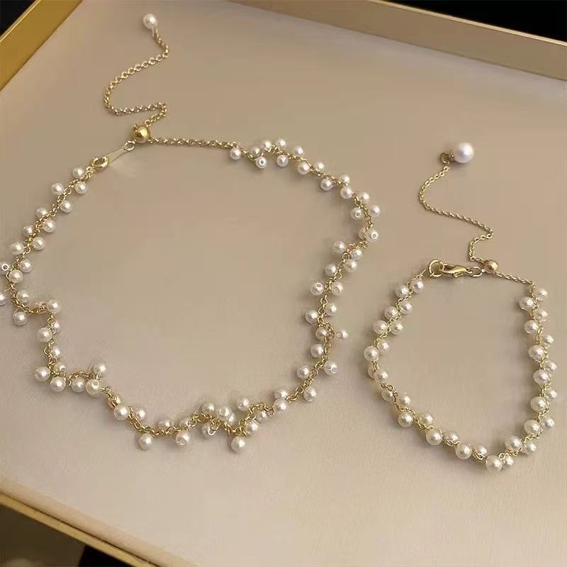 Natural freshwater pearl 2-3mm small bracelet and necklace set