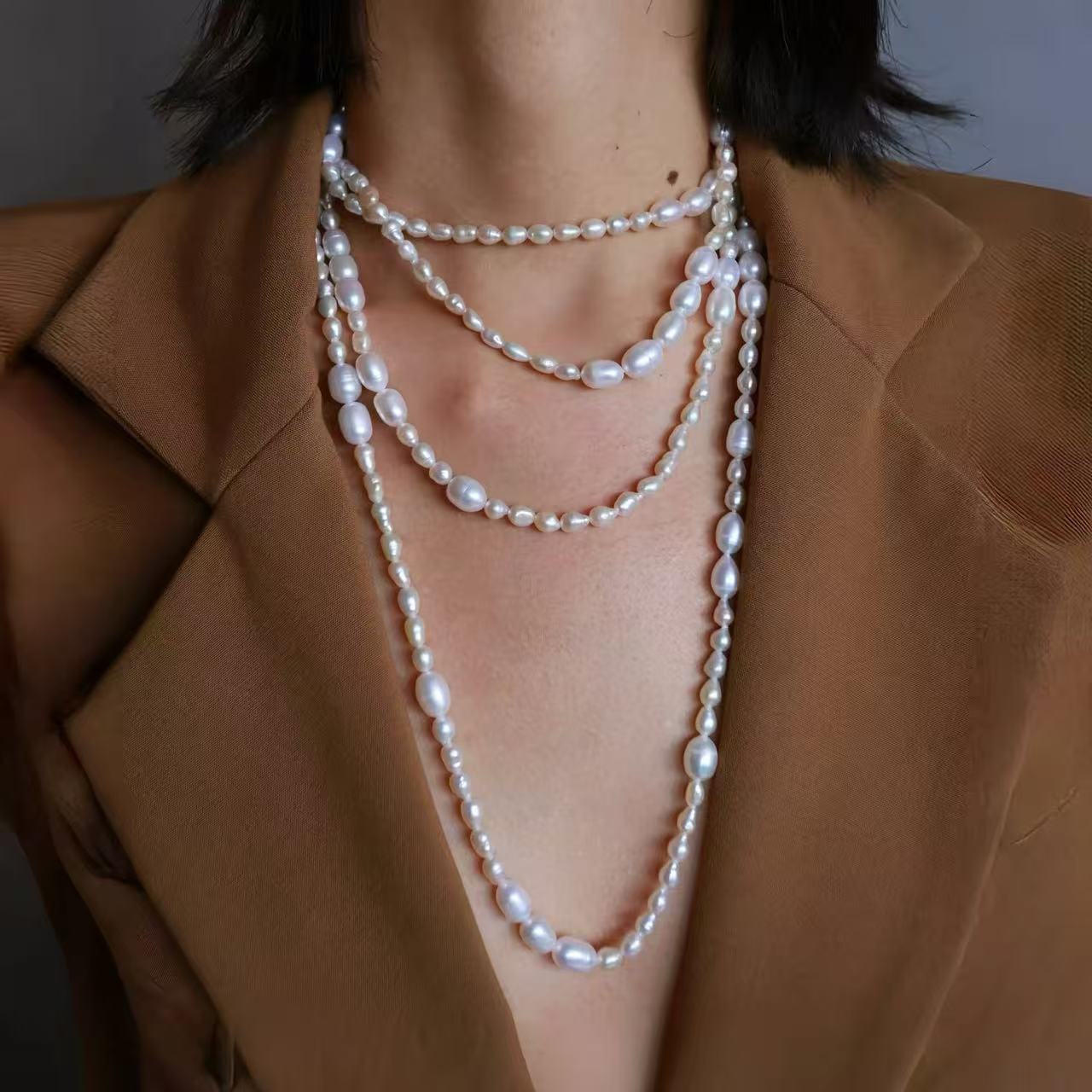 Natural freshwater irregular pearls multi-strand French-style layered necklace (180cm)