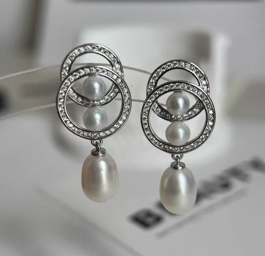 Natural freshwater pearl 7-10mm double-ring earrings