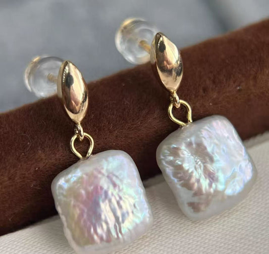 Natural Aurora Freshwater Square Pearl Earrings