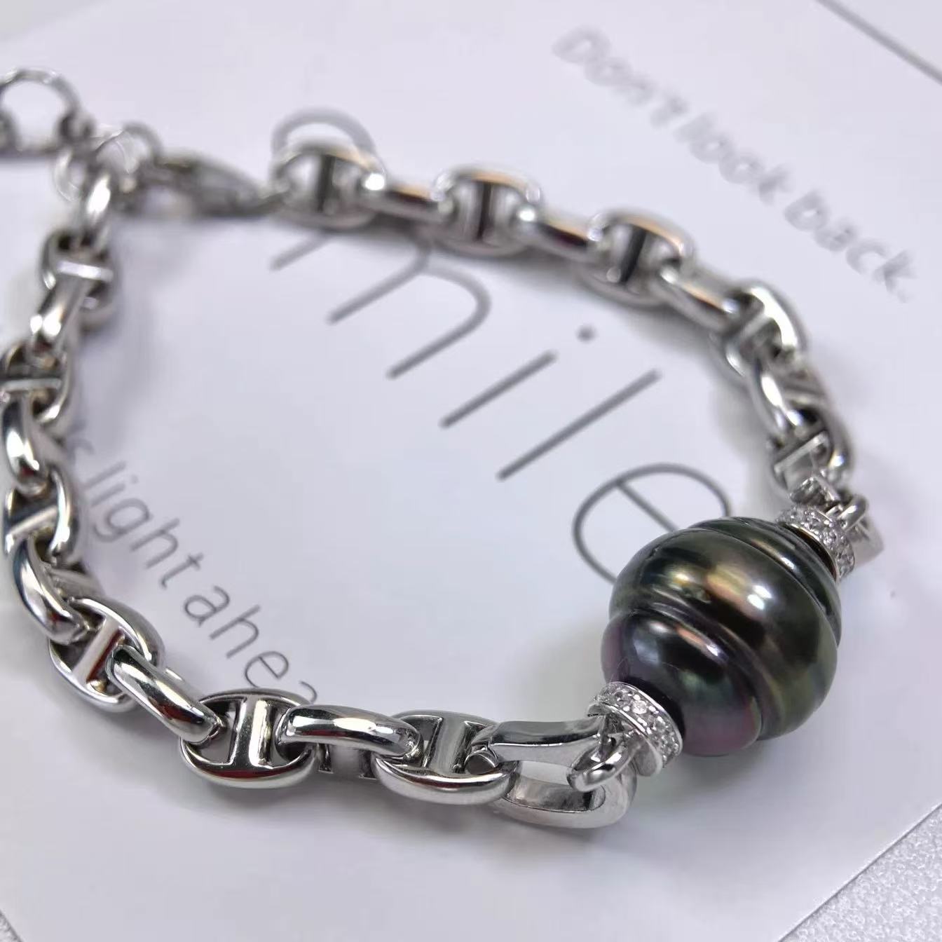 Pure natural sea pearl Tahitian black pearl 11-12mm threaded pig-nose bracelet