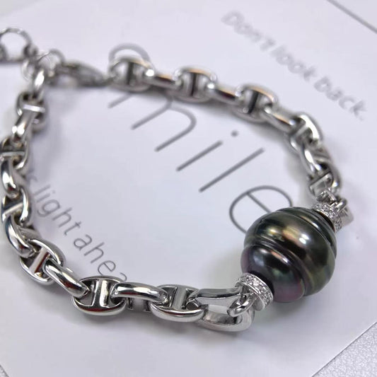 Pure natural sea pearl Tahitian black pearl 11-12mm threaded pig-nose bracelet