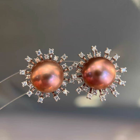 Natural freshwater purple pearl 11-12mm sunflower stud earrings