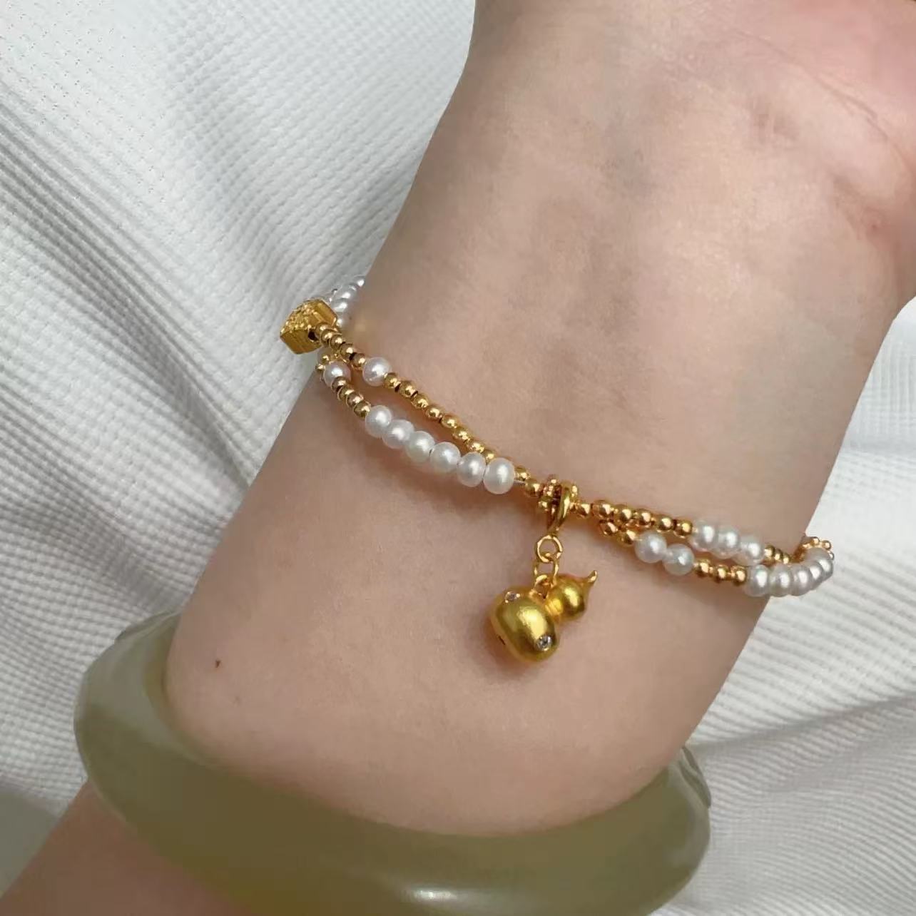 Pure natural freshwater mica beads designed with pure silver ancient method gourd bracelet