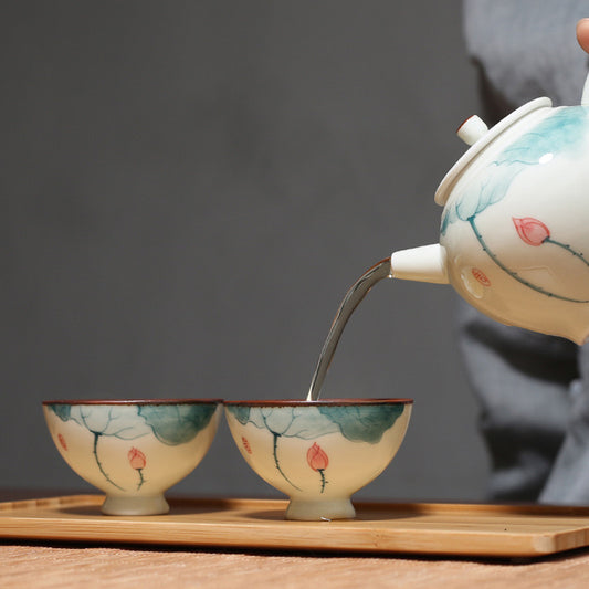 Hand painted pink and green lotus tea cup