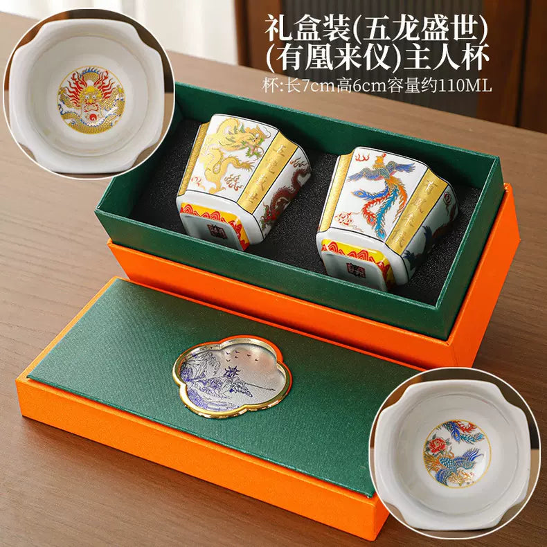 Enamel Five Dragon Prosperous Tea Cup Set